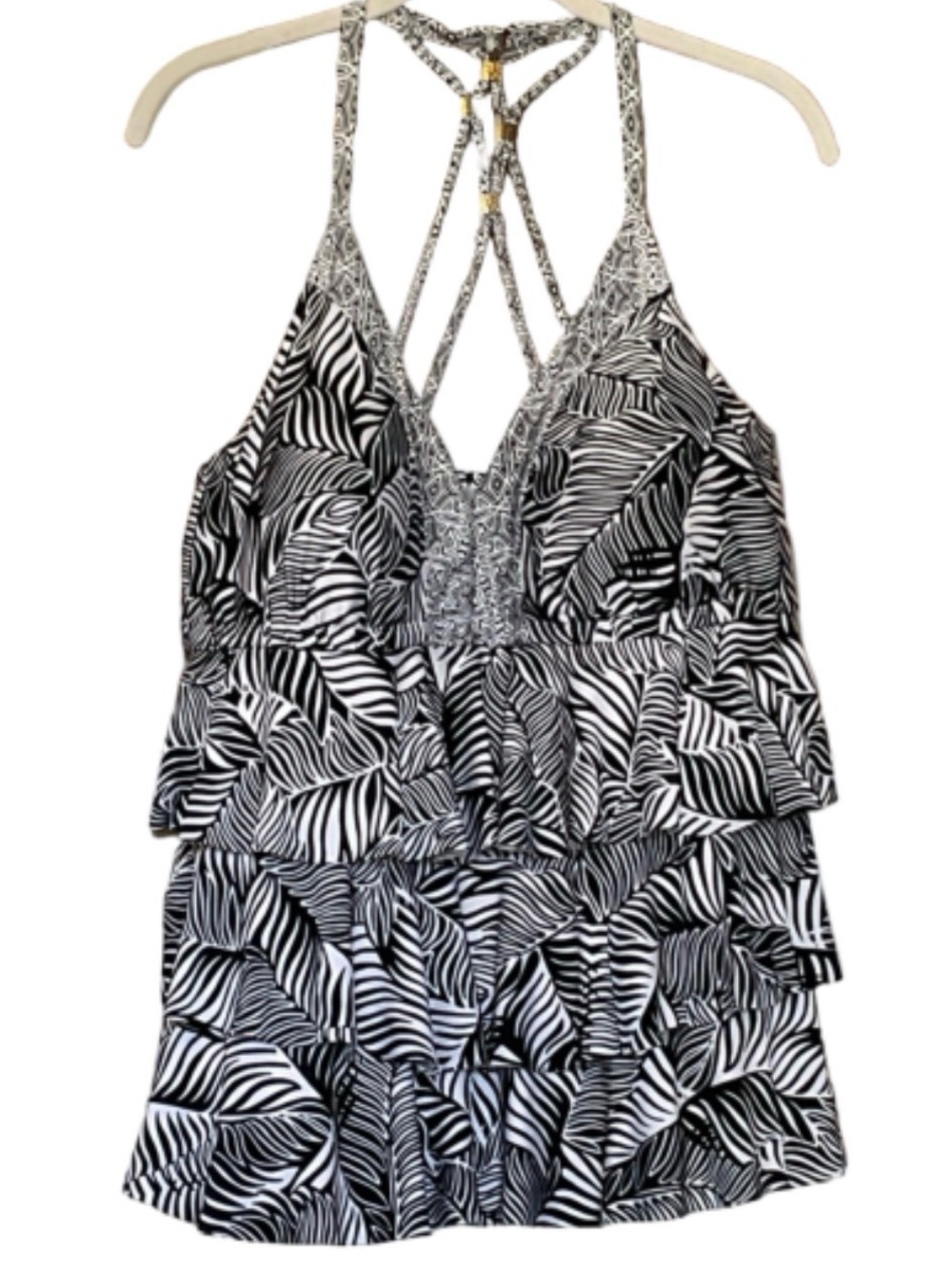 Black & White Tropical Ruffle Tankini Top | Halter Tie | Flowy Tiered | Size 2X